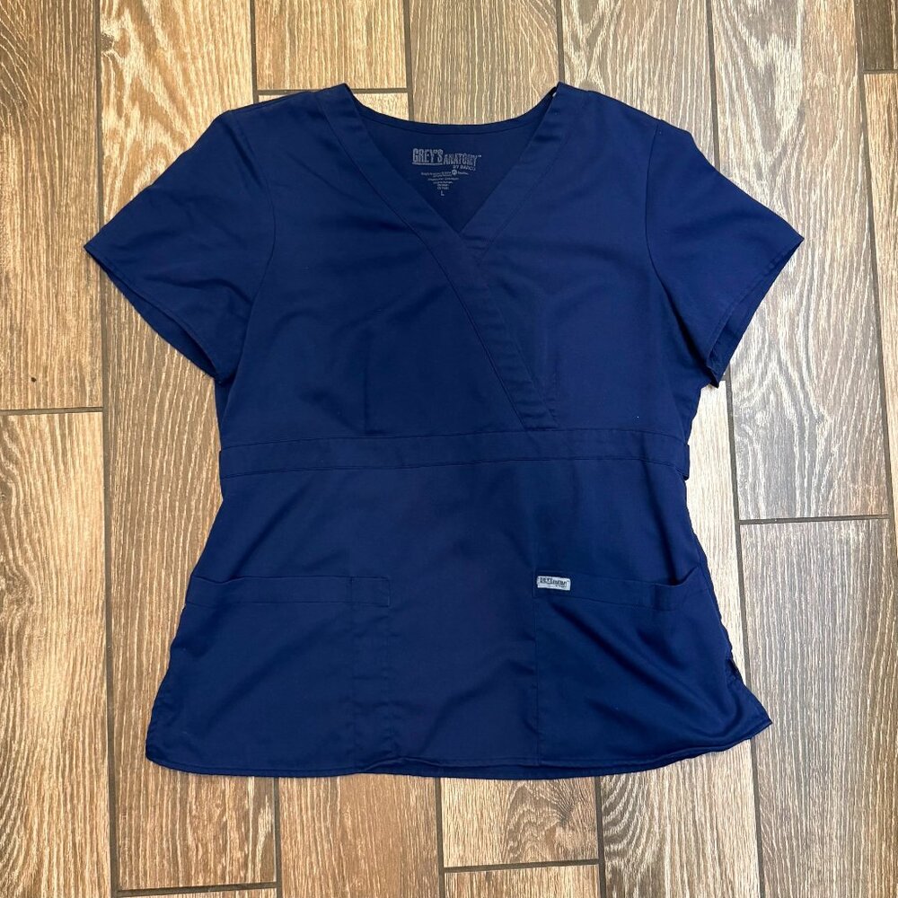 Grey's Anatomy Mock Wrap Top Large Navy Blue
